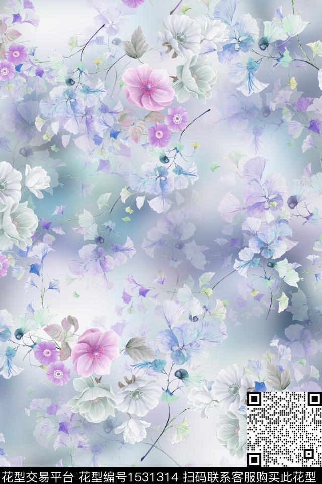 小清新真丝花卉数码印花华亿平台下载（图片编号: 1531314） - 瓦栏（Walan）
