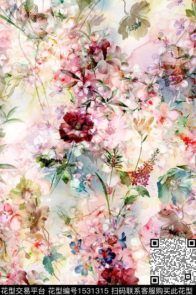 小清新真丝花卉数码印花华亿平台下载（图片编号: 1531315） - 瓦栏（Walan）