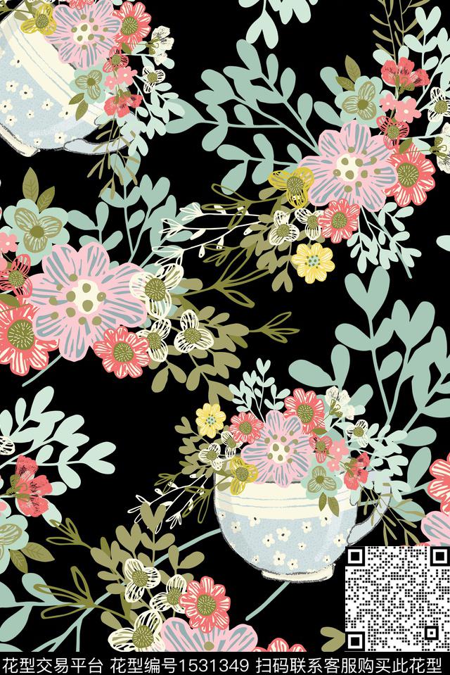 茶杯绿植树叶花卉数码印花华亿平台下载（图片编号: 1531349） - 瓦栏（Walan）