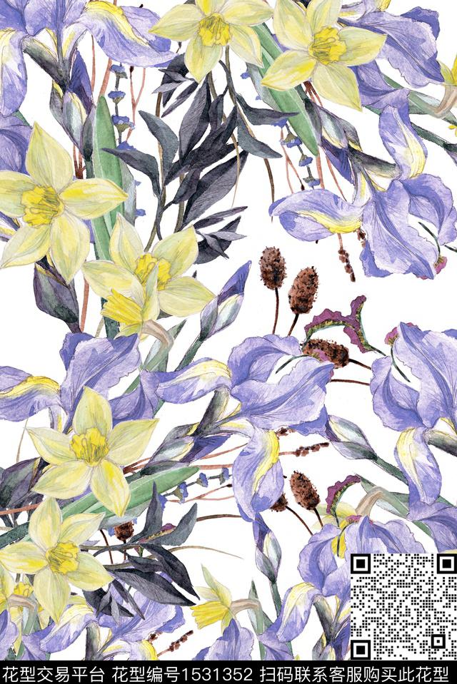 水彩绿植树叶花卉数码印花华亿平台下载（图片编号: 1531352） - 瓦栏（Walan）