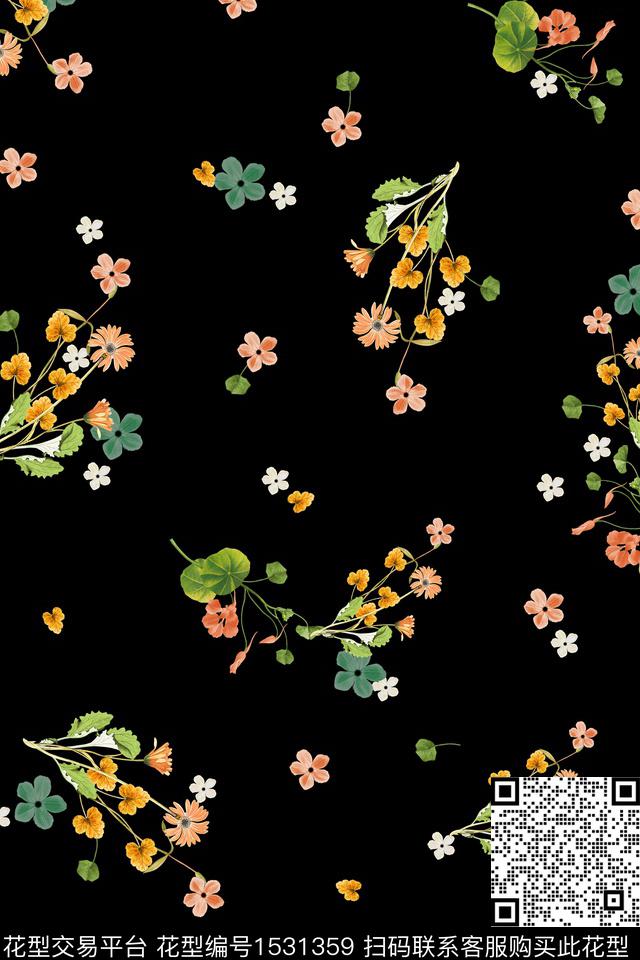 黑底花卉小碎花数码华亿平台数码印花华亿平台下载（图片编号: 1531359） - 瓦栏（Walan）
