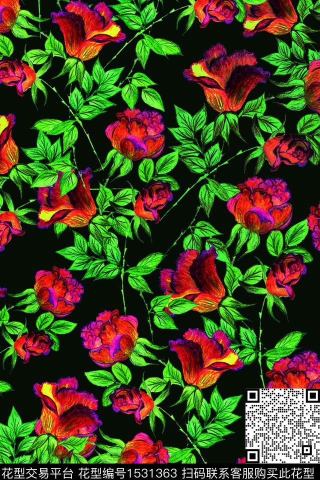 黑底花卉女装满版散花数码印花华亿平台下载（图片编号: 1531363） - 瓦栏（Walan）