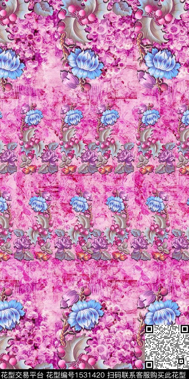 水彩定位花手绘花卉数码印花华亿平台下载（图片编号: 1531420） - 瓦栏（Walan）