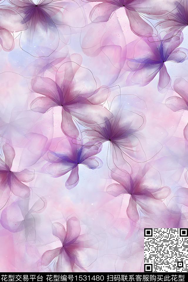 花卉线条朦胧数码印花华亿平台下载（图片编号: 1531480） - 瓦栏（Walan）