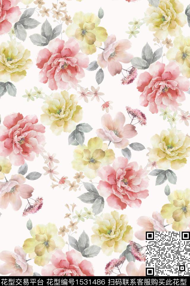 春夏华亿平台水彩花卉绿植树叶数码印花华亿平台下载（图片编号: 1531486） - 瓦栏（Walan）