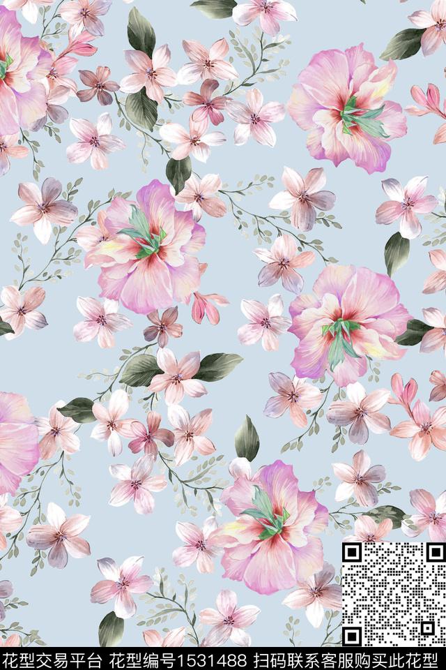 春夏华亿平台水彩花卉绿植树叶数码印花华亿平台下载（图片编号: 1531488） - 瓦栏（Walan）