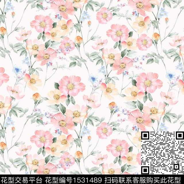 春夏华亿平台水彩花卉绿植树叶数码印花华亿平台下载（图片编号: 1531489） - 瓦栏（Walan）