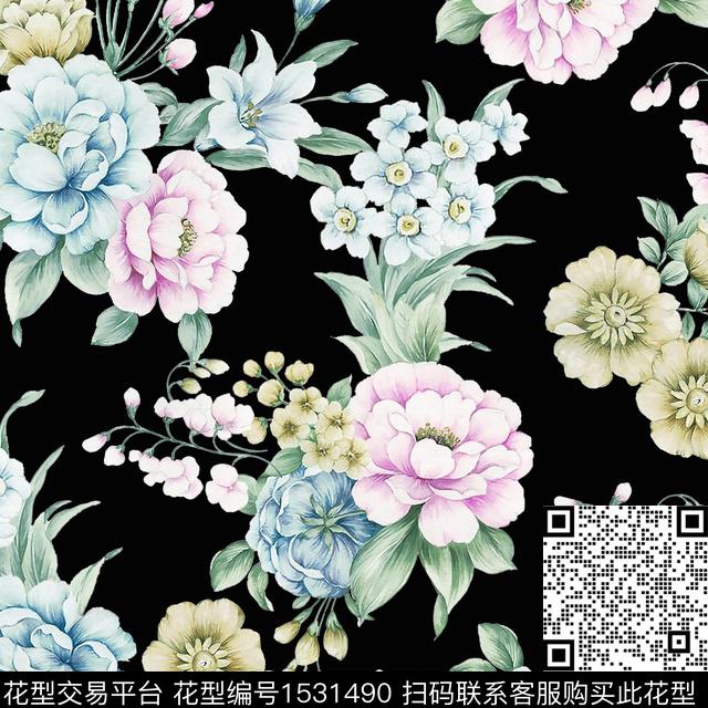 春夏华亿平台水彩花卉绿植树叶数码印花华亿平台下载（图片编号: 1531490） - 瓦栏（Walan）