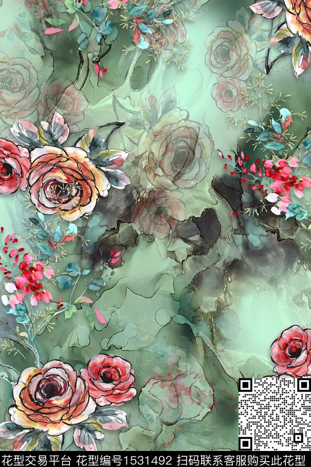 棉麻水彩绿植树叶数码印花华亿平台下载（图片编号: 1531492） - 瓦栏（Walan）