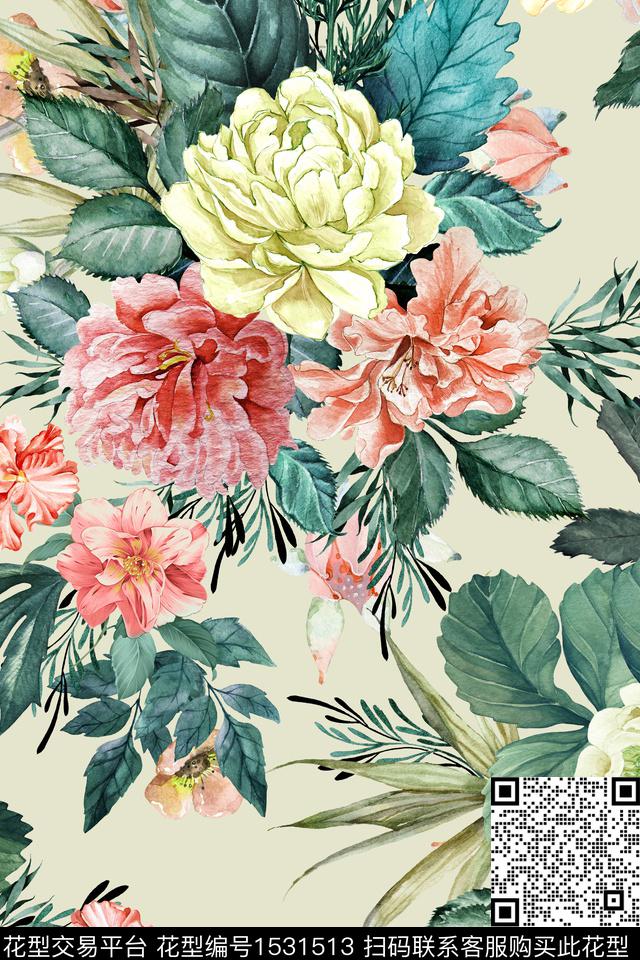 女装大花花卉数码印花华亿平台下载（图片编号: 1531513） - 瓦栏（Walan）