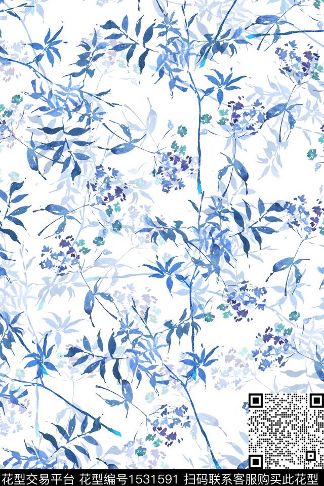 枝叶春夏华亿平台水彩数码印花华亿平台下载（图片编号: 1531591） - 瓦栏（Walan）