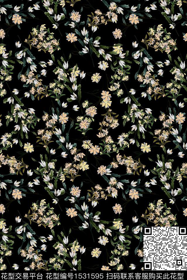 黑底花卉春夏华亿平台花卉数码印花华亿平台下载（图片编号: 1531595） - 瓦栏（Walan）