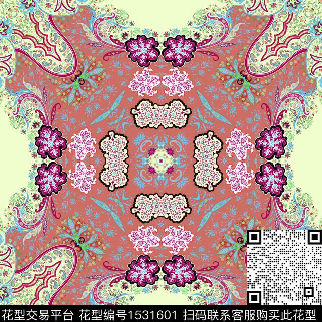 几何花卉彩底花卉方巾传统印花华亿平台下载（图片编号: 1531601） - 瓦栏（Walan）