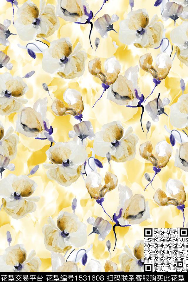 花卉水彩底纹数码印花华亿平台下载（图片编号: 1531608） - 瓦栏（Walan）