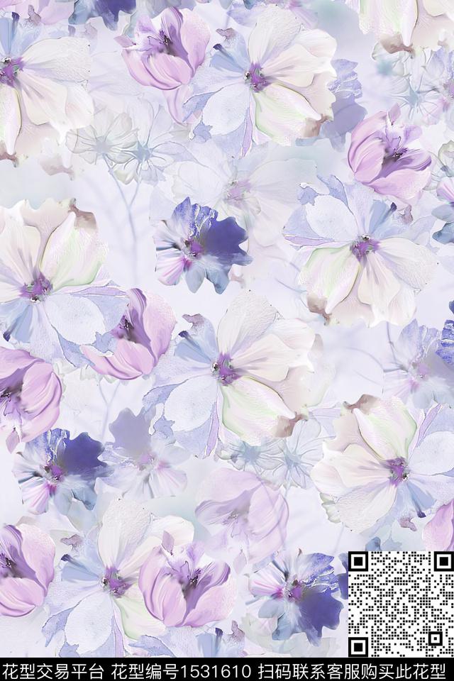 花卉水彩底纹数码印花华亿平台下载（图片编号: 1531610） - 瓦栏（Walan）