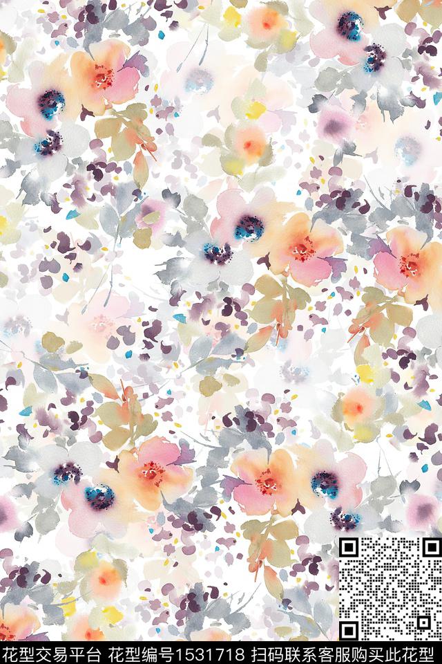 碎花水彩花卉数码印花华亿平台下载（图片编号: 1531718） - 瓦栏（Walan）