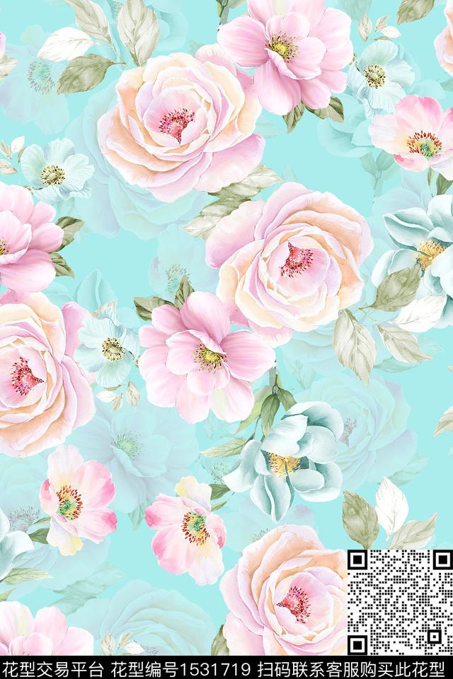 大花水彩花卉数码印花华亿平台下载（图片编号: 1531719） - 瓦栏（Walan）