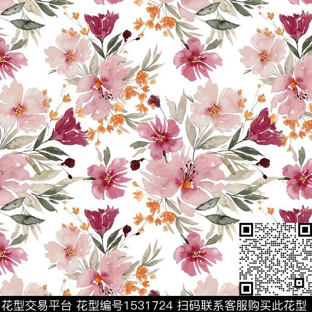 春夏华亿平台水彩花卉绿植树叶数码印花华亿平台下载（图片编号: 1531724） - 瓦栏（Walan）