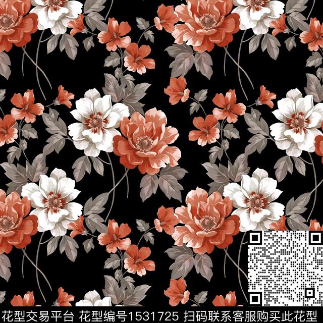 黑底花卉水彩花卉绿植树叶数码印花华亿平台下载（图片编号: 1531725） - 瓦栏（Walan）