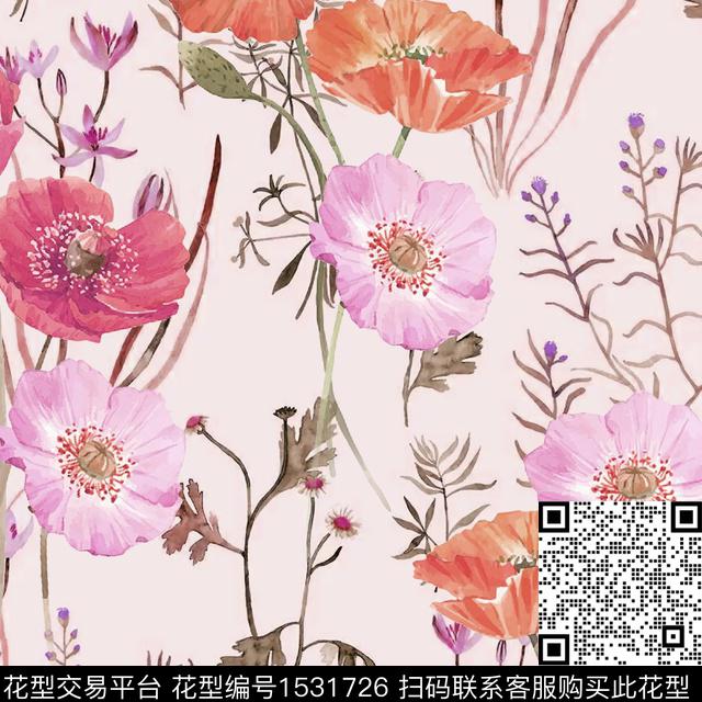 春夏华亿平台水彩花卉绿植树叶数码印花华亿平台下载（图片编号: 1531726） - 瓦栏（Walan）