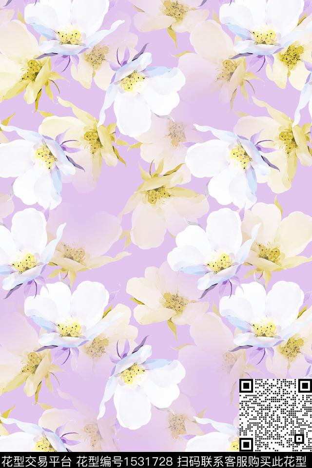 大花春夏华亿平台水彩花卉数码印花华亿平台下载（图片编号: 1531728） - 瓦栏（Walan）