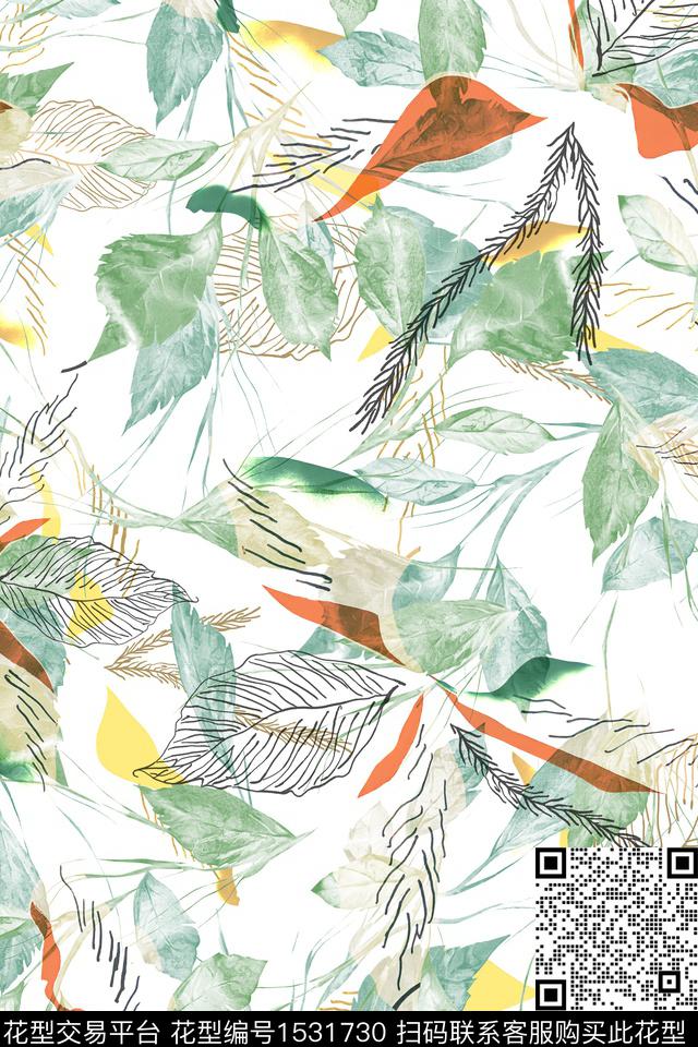 春夏华亿平台水彩花卉线条花数码印花华亿平台下载（图片编号: 1531730） - 瓦栏（Walan）
