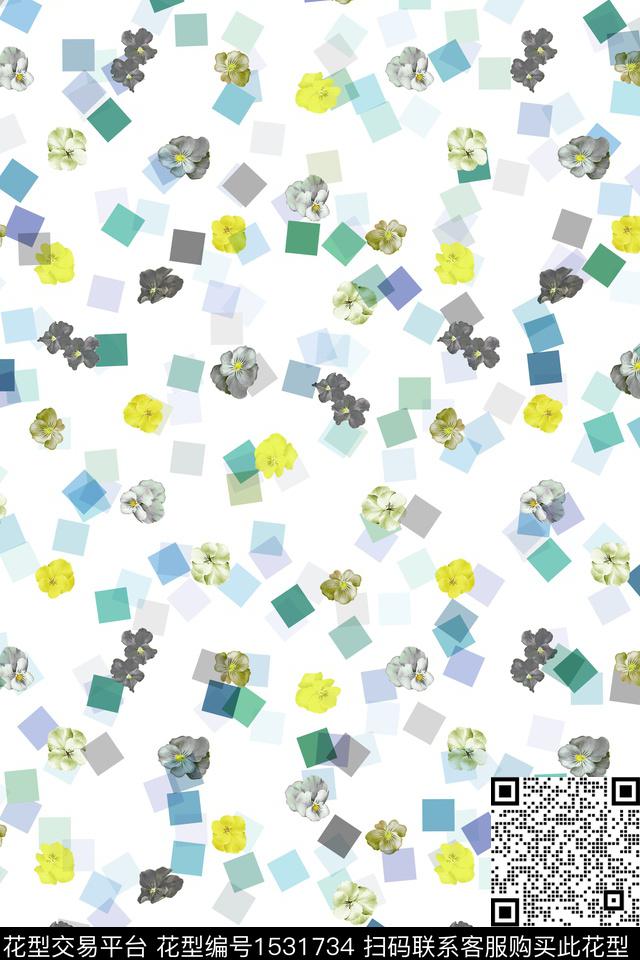 格子春夏华亿平台水彩花卉数码印花华亿平台下载（图片编号: 1531734） - 瓦栏（Walan）