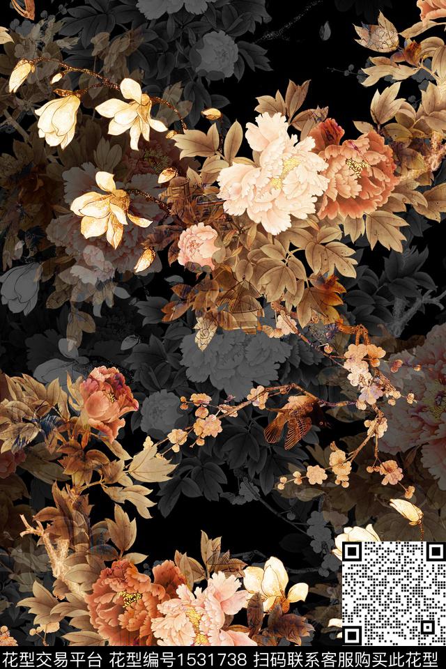 真丝花卉香云纱数码印花华亿平台下载（图片编号: 1531738） - 瓦栏（Walan）