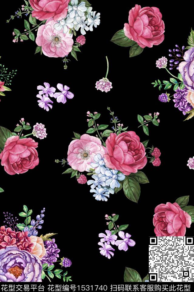 黑底花卉水彩花卉绿植树叶数码印花华亿平台下载（图片编号: 1531740） - 瓦栏（Walan）