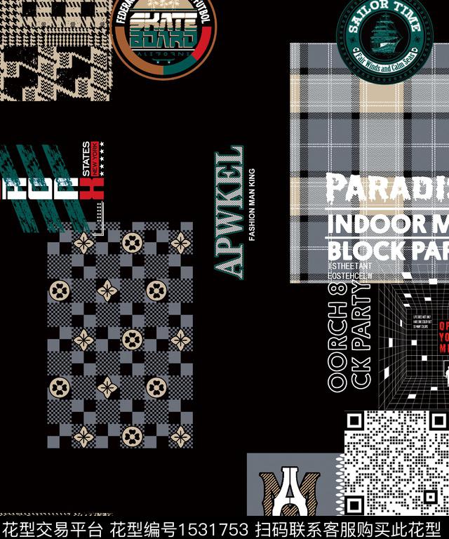 休闲字母格子数码印花华亿平台下载（图片编号: 1531753） - 瓦栏（Walan）