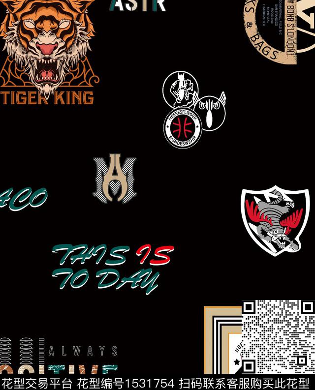 休闲字母虎头数码印花华亿平台下载（图片编号: 1531754） - 瓦栏（Walan）