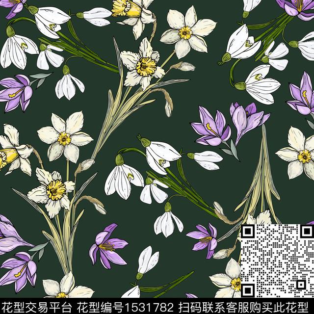 手绘花卉花卉方巾数码印花华亿平台下载（图片编号: 1531782） - 瓦栏（Walan）