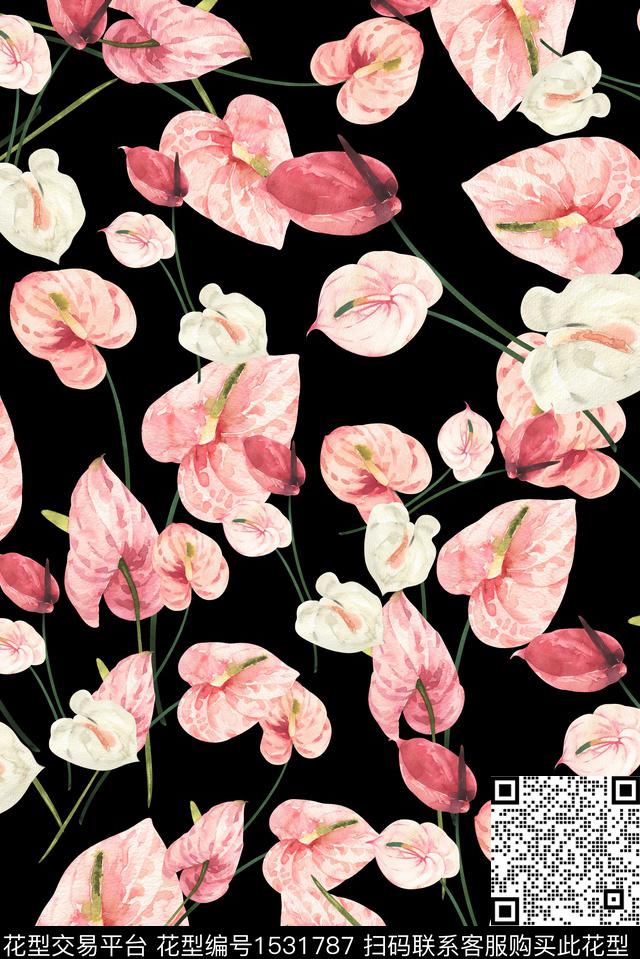 水彩绿植树叶花卉数码印花华亿平台下载（图片编号: 1531787） - 瓦栏（Walan）