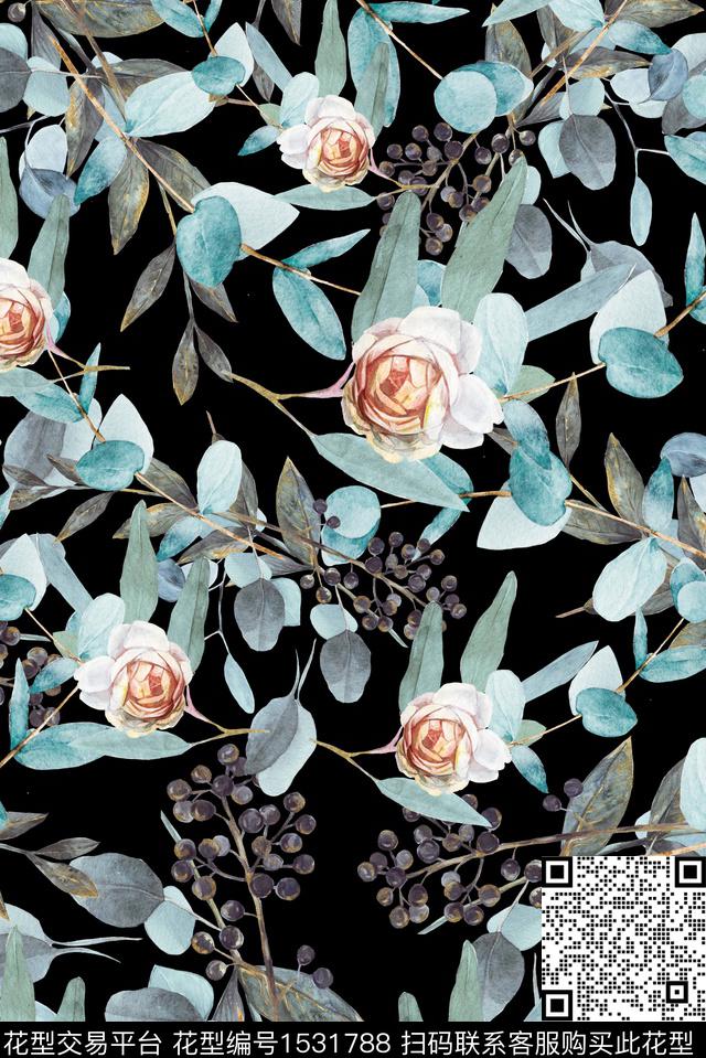 水彩绿植树叶花卉数码印花华亿平台下载（图片编号: 1531788） - 瓦栏（Walan）