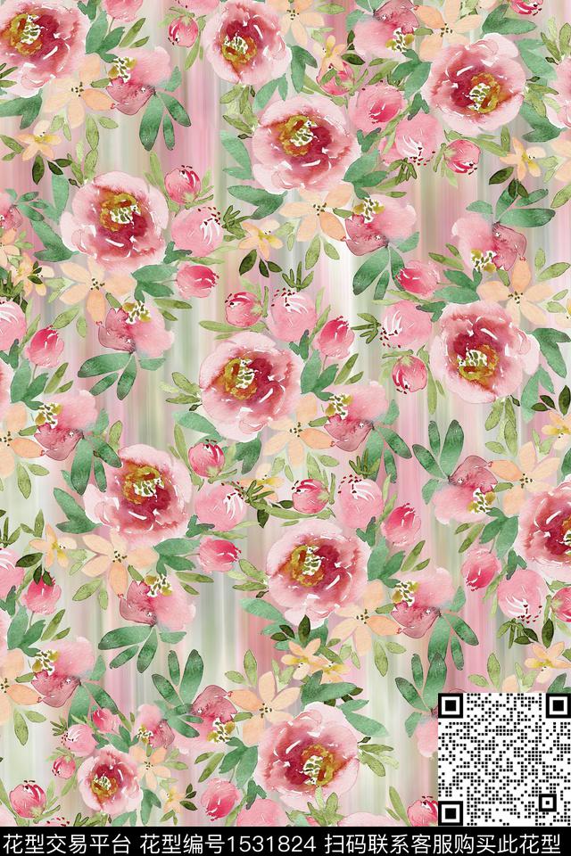 花卉水彩女装数码印花华亿平台下载（图片编号: 1531824） - 瓦栏（Walan）