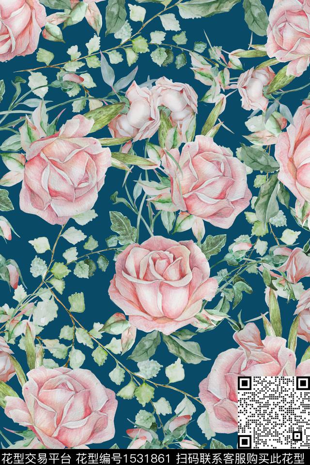 绿植树叶花卉水彩数码印花华亿平台下载（图片编号: 1531861） - 瓦栏（Walan）