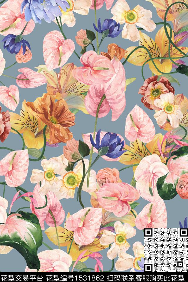 绿植树叶花卉水彩数码印花华亿平台下载（图片编号: 1531862） - 瓦栏（Walan）
