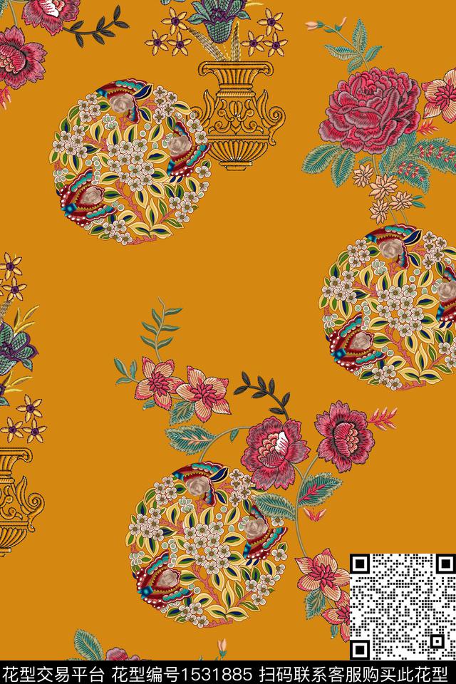 花卉香云纱中国风数码印花华亿平台下载（图片编号: 1531885） - 瓦栏（Walan）