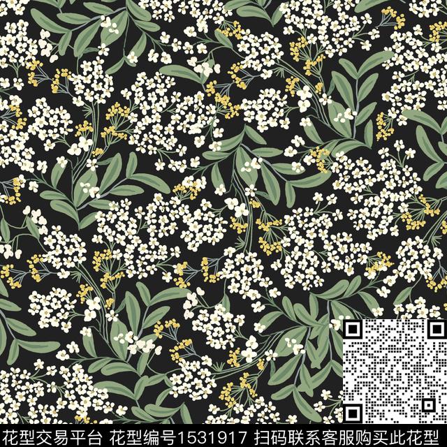 黑底花卉花卉小碎花数码印花华亿平台下载（图片编号: 1531917） - 瓦栏（Walan）