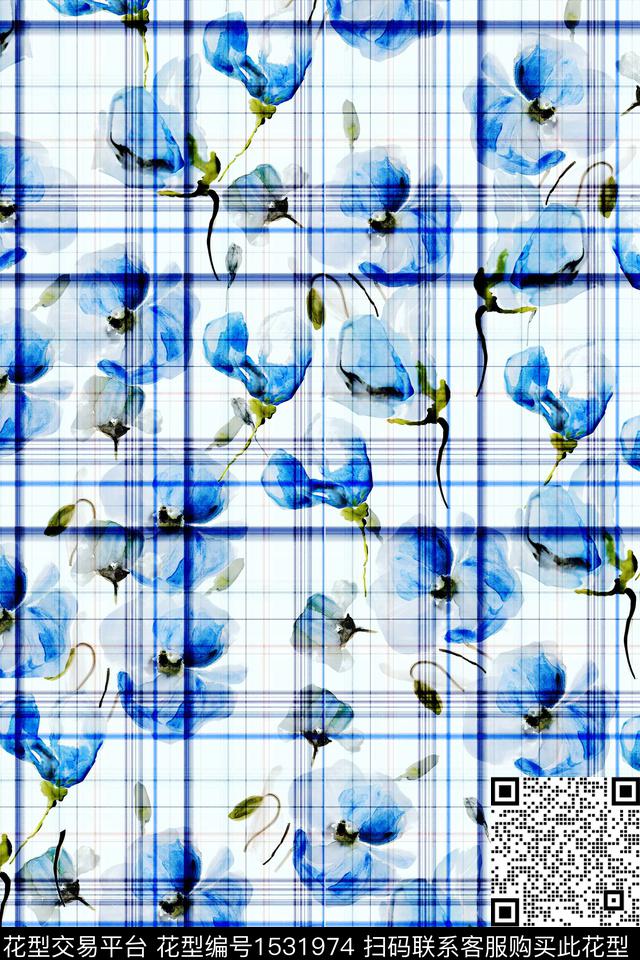 水彩格子花卉数码印花华亿平台下载（图片编号: 1531974） - 瓦栏（Walan）