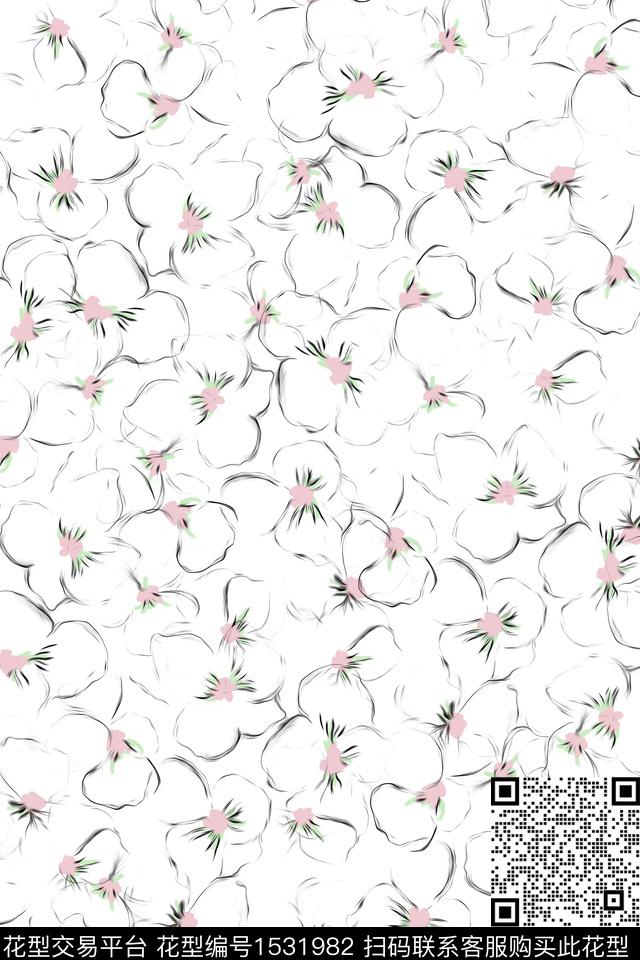 抽象花卉春夏华亿平台线条花卉数码印花华亿平台下载（图片编号: 1531982） - 瓦栏（Walan）