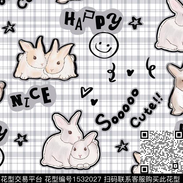 格子小兔子可爱风数码印花华亿平台下载（图片编号: 1532027） - 瓦栏（Walan）