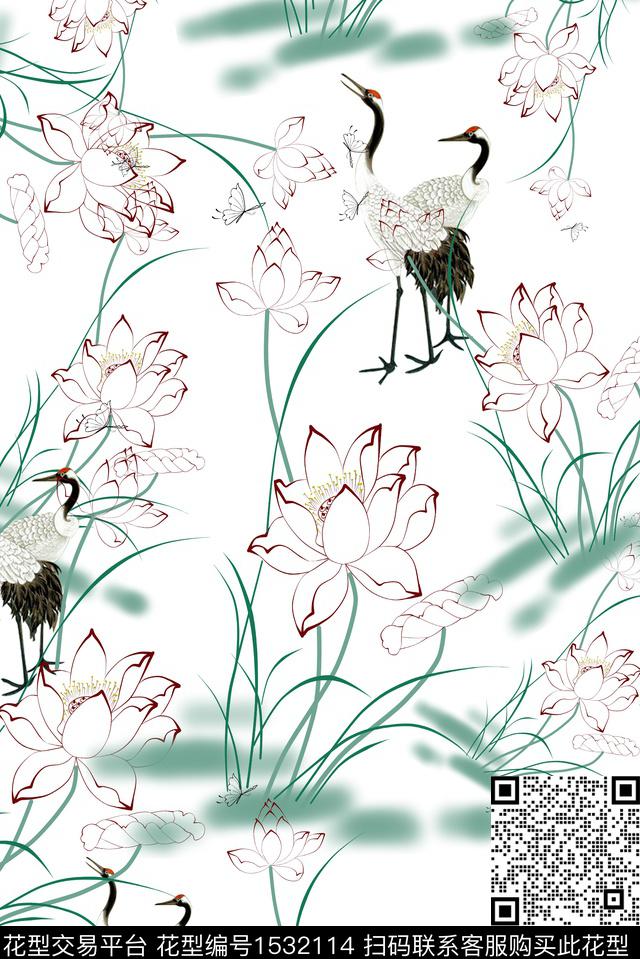 仙鹤花卉中国风数码印花华亿平台下载（图片编号: 1532114） - 瓦栏（Walan）