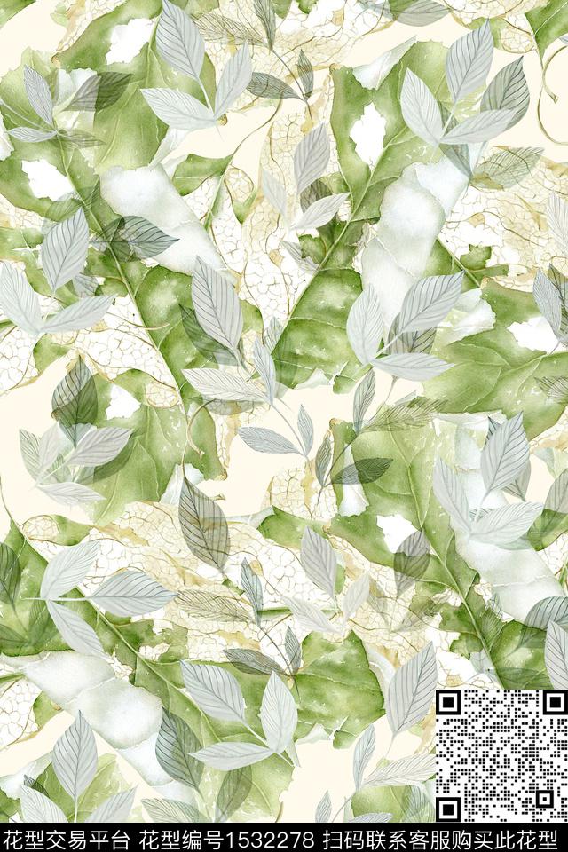 水彩春夏华亿平台绿植树叶数码印花华亿平台下载（图片编号: 1532278） - 瓦栏（Walan）