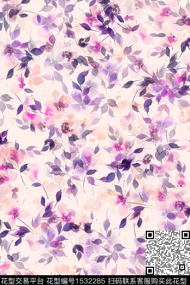 抽象花卉绿植树叶水彩数码印花华亿平台下载（图片编号: 1532285） - 瓦栏（Walan）