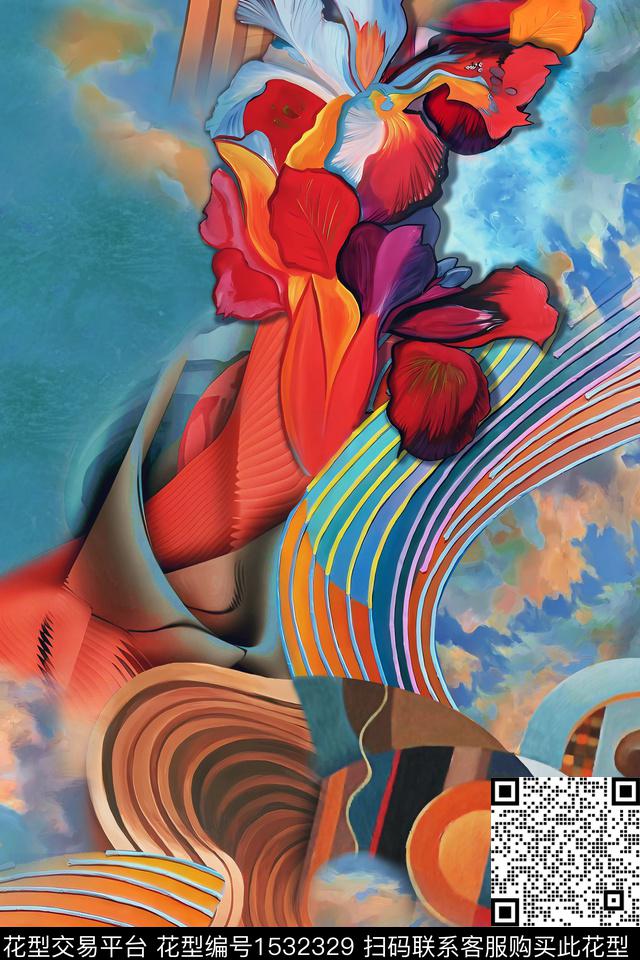 线条抽象花卉数码印花华亿平台下载（图片编号: 1532329） - 瓦栏（Walan）