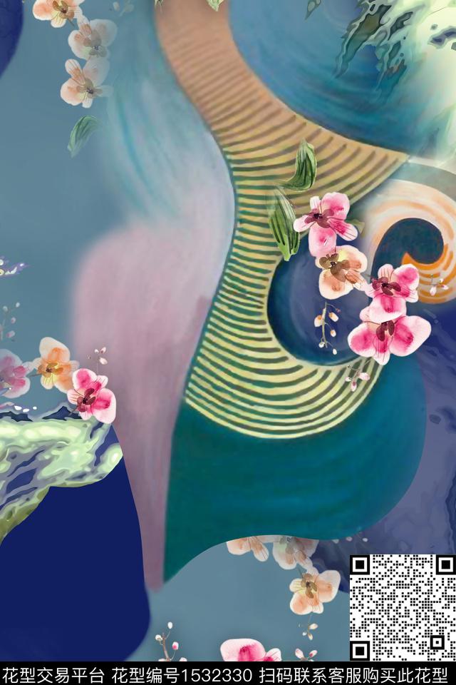 线条抽象花卉数码印花华亿平台下载（图片编号: 1532330） - 瓦栏（Walan）