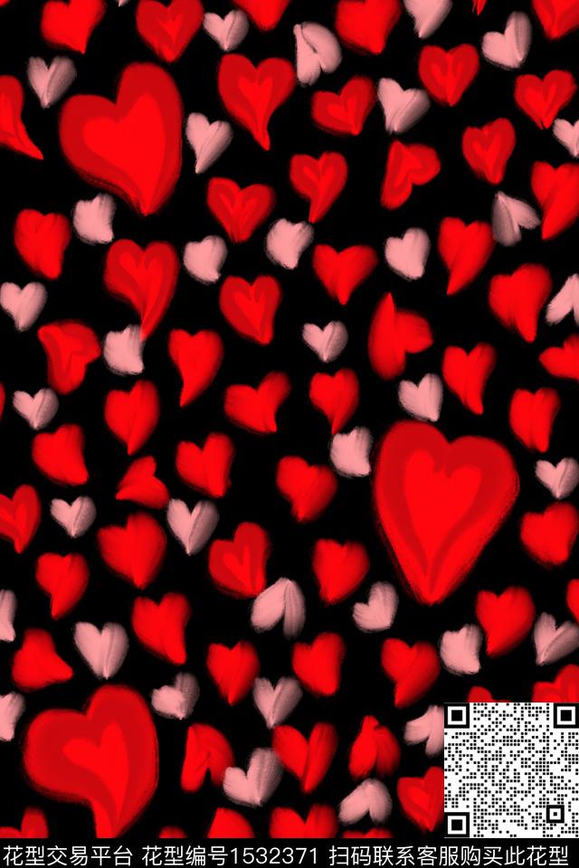 趣味黑底花卉爱心数码印花华亿平台下载（图片编号: 1532371） - 瓦栏（Walan）