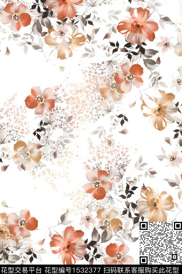 春夏华亿平台水彩花卉清爽底花卉数码印花华亿平台下载（图片编号: 1532377） - 瓦栏（Walan）