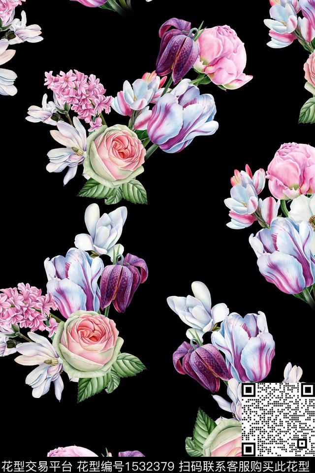 黑底大花水彩花卉绿植树叶数码印花华亿平台下载（图片编号: 1532379） - 瓦栏（Walan）